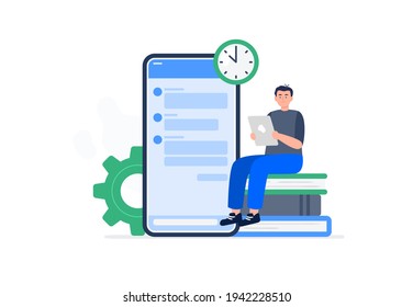 A young man studies online and communicates with other students on a forum. People improve the quality of knowledge by distance learning. Vector flat illustration.