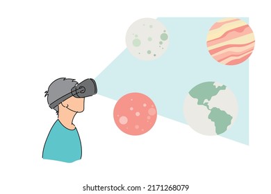 Junge Menschen studieren über Sonnensystem mit Virtual Reality Simulation. Flaches Vektorgrafik-Design