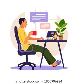 Young man study at computer. Online learning concept. Video lesson. Distance study. Can use for web banner, infographics, hero images. Vector illustration. Flat style.
