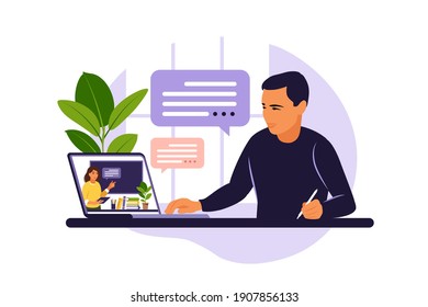 Young man study at computer. Online learning concept. Video lesson. Distance study. Can use for web banner, infographics, hero images. Vector illustration. Flat style.