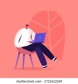 Young Man Study Foreign Language, Prepare for Exam, Freelancer Work Distant. Male Character with Laptop Sit on Chair Study Chinese Courses, Reading News in Internet. Cartoon Vector Illustration