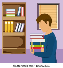 Young man studying with books