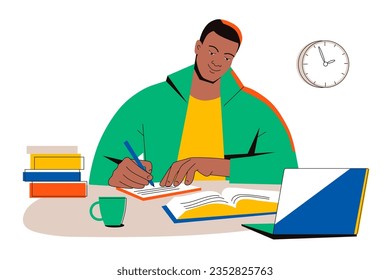Young man studying with books and laptop. A student prepares for a test exam, writes an essay, does homework, takes notes. Education concept. Flat vector isolated.