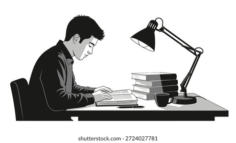 Hombre joven que estudia en el escritorio con la lámpara de escritorio y los libros