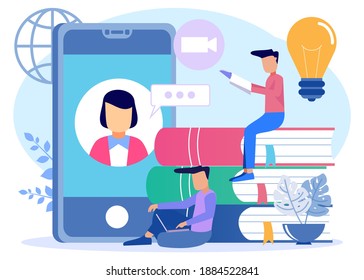 The young man is studying at home with his laptop with a pile of books and a PC in the background. E-learning, webinars, online video training, distance education concepts. Modern vector illustration.