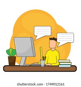 Young man studying in home. Online class. Self-learning - Vector illustration