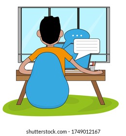 Young man studying in home. Online class. Self-learning - Vector illustration