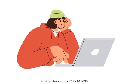 Young man studying at laptop. Bored upset student sitting at notebook computer. Remote freelance work. Freelancer in boredom, burnout concept. Flat vector illustration isolated on white background