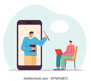 Young man studying online. Flat vector illustration. Tiny teacher in giant smartphone giving lesson on Internet to young guy with computer. Online education, modern technology, knowledge concept
