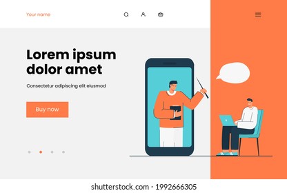 Joven estudiando en línea. Ilustración vectorial plana. Pequeño profesor en un smartphone gigante dando clases en Internet a un joven con computadora. Educación en línea, tecnología moderna, concepto de conocimiento