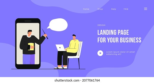 Young man studying online. Flat vector illustration. Tiny teacher in giant smartphone giving lesson on Internet to young guy with computer. Online education, modern technology, knowledge concept