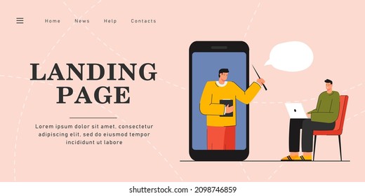 Young man studying online. Flat vector illustration. Tiny teacher in giant smartphone giving lesson on Internet to young guy with computer. Online education, modern technology, knowledge concept