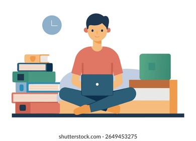 Young man studying online, laptop, books, relaxed pose, flat design, cheerful mood, home office.