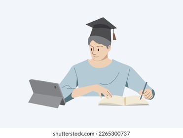 young man studying online on a tablet and taking notes in a notebook in a classroom or library.Education concept.Distant education.Vector illustration.