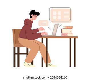 Der junge Mann lernt online mit seinem Desktop-Computer, flache Cartoon-Vektorgrafik einzeln auf weißem Hintergrund. Fernunterricht und virtuelles Klassenzimmer.