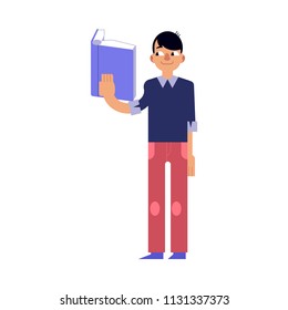 Young man studying with reading book isolated on white background. Flat male character standing and holding open book in hand for back to school and education concept in vector illustration.