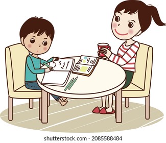 A young man studying at the table and a mother watching with a smile.