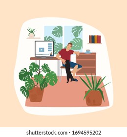 Young man studying or working at home remotely using a computer and the Internet, playing with a cat, vector illustration, flat cartoon design