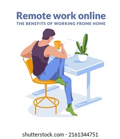 Young man studying or working at home using laptop. Huge books. Online education concept. Flat vector illustration