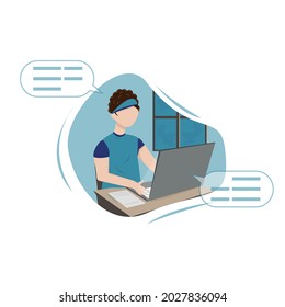 Young man studying or working with laptop at home. Freelance concept. Vector illustration in flat cartoon style.