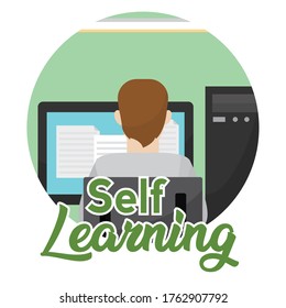 Young man studying in a workstation. Self Learning - Vector illustration