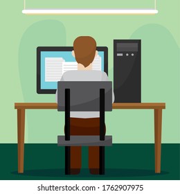 Young man studying in a workstation. Self Learning - Vector illustration