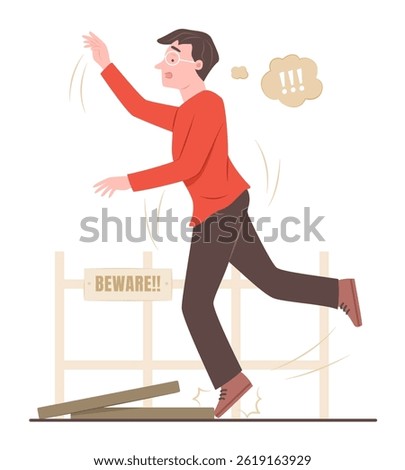 Young Man Stumbles Over Drain Cover on Pavement for Accident Concept Illustration