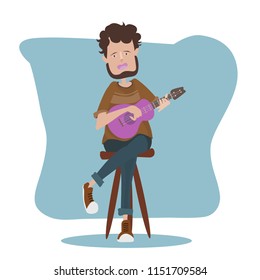 Young man with style sitting on chair playing ukulele Cartoon character. Vector hand drawn illustration