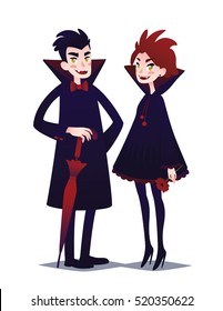 Young man in style of Vampire with umbrella and redhead Vampire girl with red flower. Vector illustration of Cute Vampire Couple Boy and Girl in flat cartoon style on a white background.