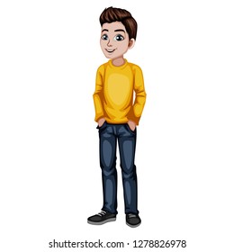 Young Man in Stylish Clothes Cartoon Illustration. Handsome Guy Wearing Yellow T-shirt and Jeans 