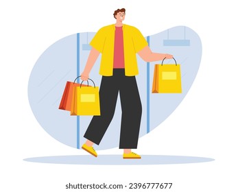 Young man in stylish clothes spending money at the mall, walking and holding a shopping bag. Character design. Vector flat illustration