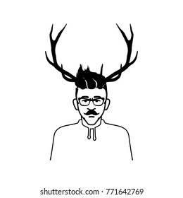 Young Man with stylish Hair and mustache on Hoodie Wearing Glasses and Reindeer Horns  