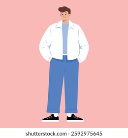 Young man in stylish outfit, dressed in a oversized jacket, t-shirt, and relaxed-fit jeans. Casual trendy look. Street fashion. Vector illustration isolated from background.