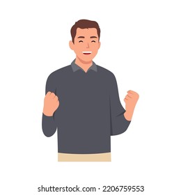 Young man successful with clenched fists rejoices at success. Flat vector illustration isolated on white background