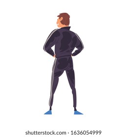 Young Man in Successful Pose Standing Back and Looking at Something, View from Behind Vector Illustration