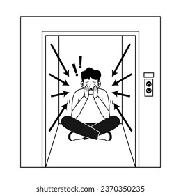 Young man sufering of claustrophobia attack  in elevator. vector illustration