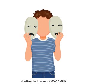 Young Man Suffer From Bipolar Disorder Manic Depression With Two Faced Expressions Of Happy And Sad Face Showing In Facial Mask