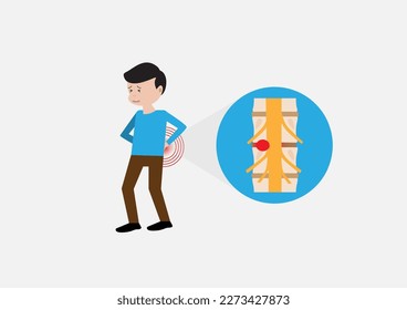 Joven con dolor de espalda e ilustración de disco lumbar hernido.