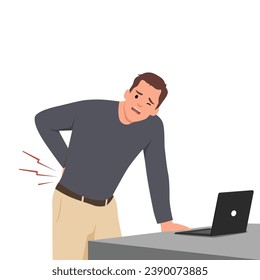 Young man suffering from back pain. Cartoon scene with a guy working at a computer in the office and his back hurts from sitting at the desk. Flat vector illustration isolated on white background