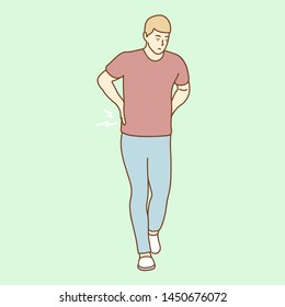 Young man suffering from backache, vector illustration.