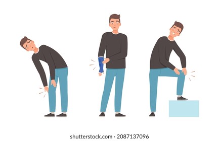 Young Man Suffering from Different Pain Touching Knee and with Arm Bandage Vector Set