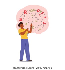 Jovem sofrendo de disgrafia e dislexia patológica tendo dificuldades em aprender ilustração vetorial. Personagem masculino de desenho animado tentando processar o caos com letras espalhadas por cima