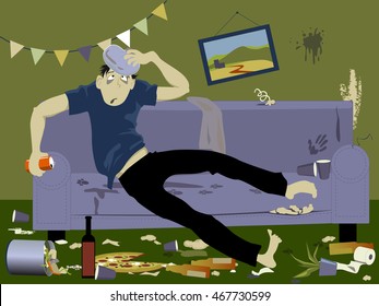 Young Man Suffering From A Hangover Sitting On A Couch In A Messy Room After A Party, EPS 8 Vector Illustration, No Transparencies