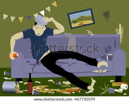 Young man suffering from a hangover sitting on a couch in a messy room after a party, EPS 8 vector illustration, no transparencies