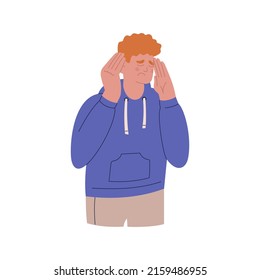 Young man suffering from headache. Guy holding his head with hands. Symptoms of migraine, tired or stress. Hand drawn color vector illustration isolated on white background. Modern flat cartoon style.
