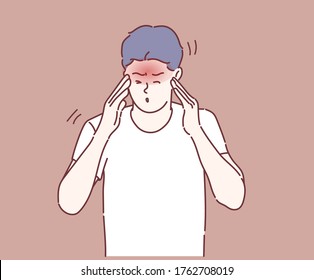Joven con dolor de cabeza. Dibujado a mano en estilo de línea delgada, ilustraciones vectoriales.
