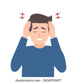 young man suffering from headache, migraine or dizziness. Hand drawn style vector design illustrations.