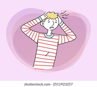 Young man suffering from headache. Tired man feeling pain, holding head in hands. Vector illustration for depression, stress, health problem, migraine concept