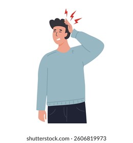 Young man suffering from a headache, touching his head with a pained expression. Male experiencing pain and discomfort. Migraine or stress. Flat style vector illustration.