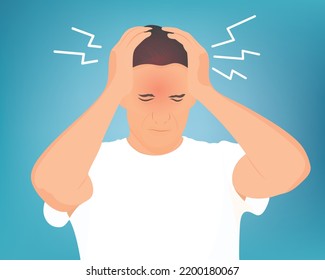 Young man suffering from headaches, health problems. Vector illustration.